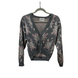 Miss Pendleton Wool Floral Pattern Button-Up Cropped Cardigan Sweater Gray Pink